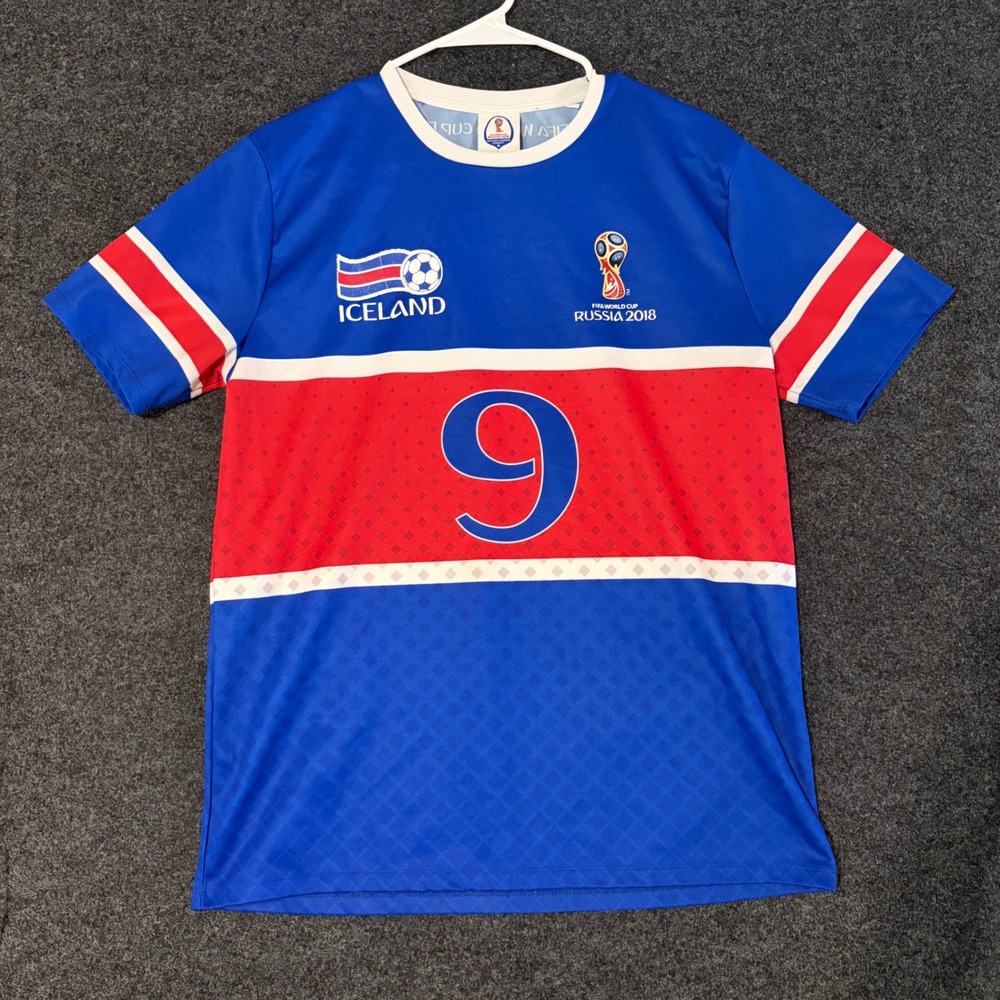 FIFA World Cup Russia 2018 Iceland Soccer Jersey Mens Large Blue Red #9 Shirt